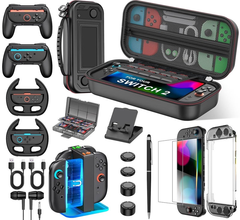 Larstylee 17 in 1 Switch 2 Accessories Bundle - Carrying Case, Screen Protectors, Charging Dock, Steering Wheel, Game Case, Stylus, Headphone, Stand, Protective Case for Joy Cons, Cable SKin - Image 1